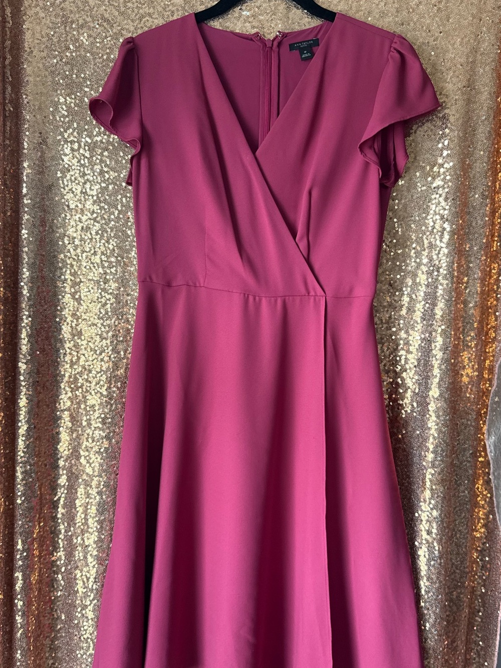Ann Taylor Magenta Wrap-Style Fit & Flare Dress